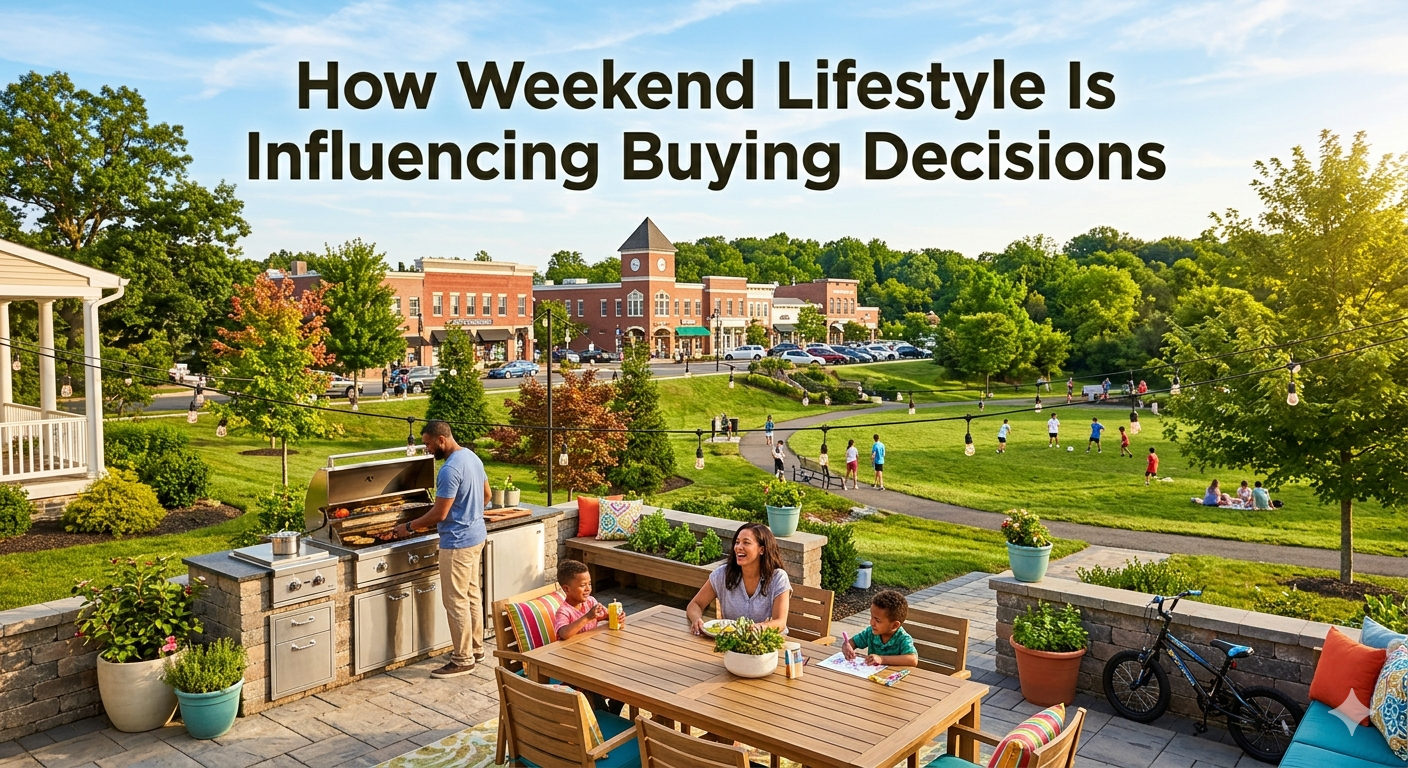 New Jersey suburban home with outdoor patio entertaining space, family gathering on a sunny weekend, nearby park and local town center in background, overlaid with the text: “How Weekend Lifestyle Is Influencing Buying Decisions”