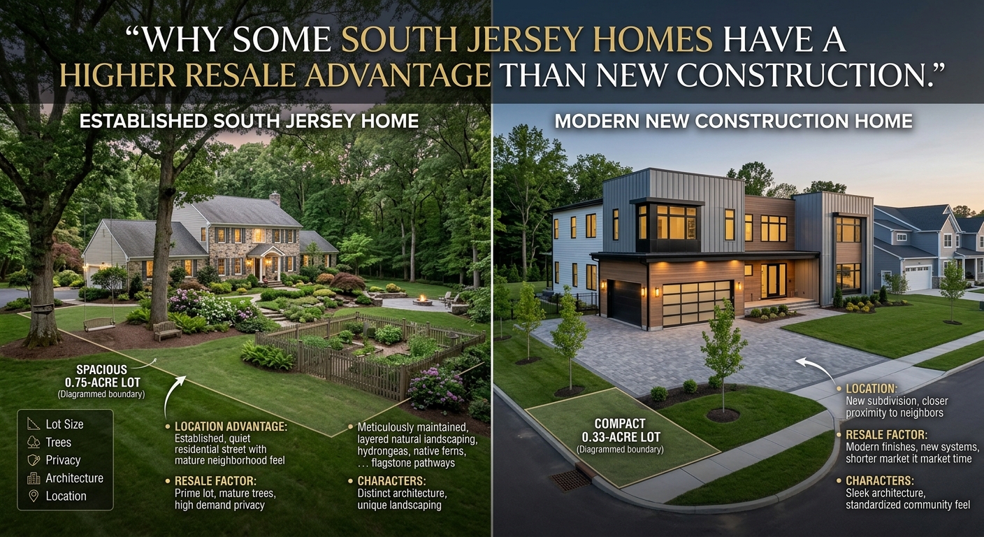 Established South Jersey home with mature trees, landscaping, and a spacious yard shown beside a modern new construction home, illustrating differences in location, lot size, neighborhood character, and resale potential, overlaid with the title: “Why Some South Jersey Homes Have a Higher Resale Advantage Than New Construction.”