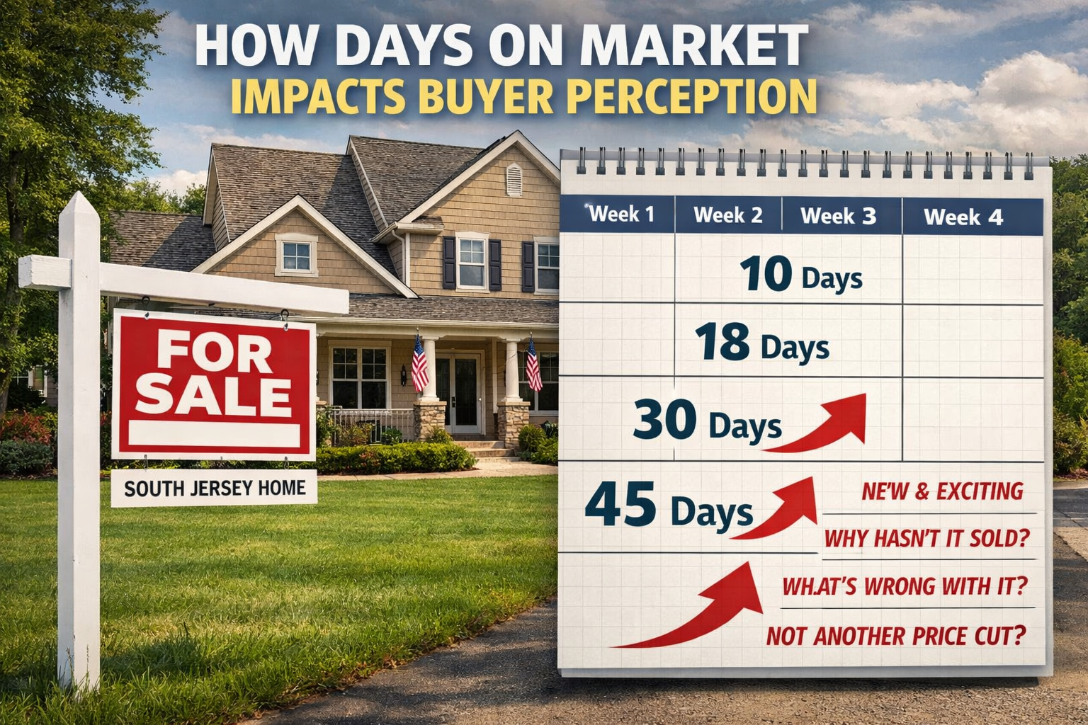 South Jersey home with For Sale sign and calendar graphic showing increasing days on market, illustrating how time on market affects buyer perception with Overlay Text: “HOW DAYS ON MARKET IMPACTS BUYER PERCEPTION”