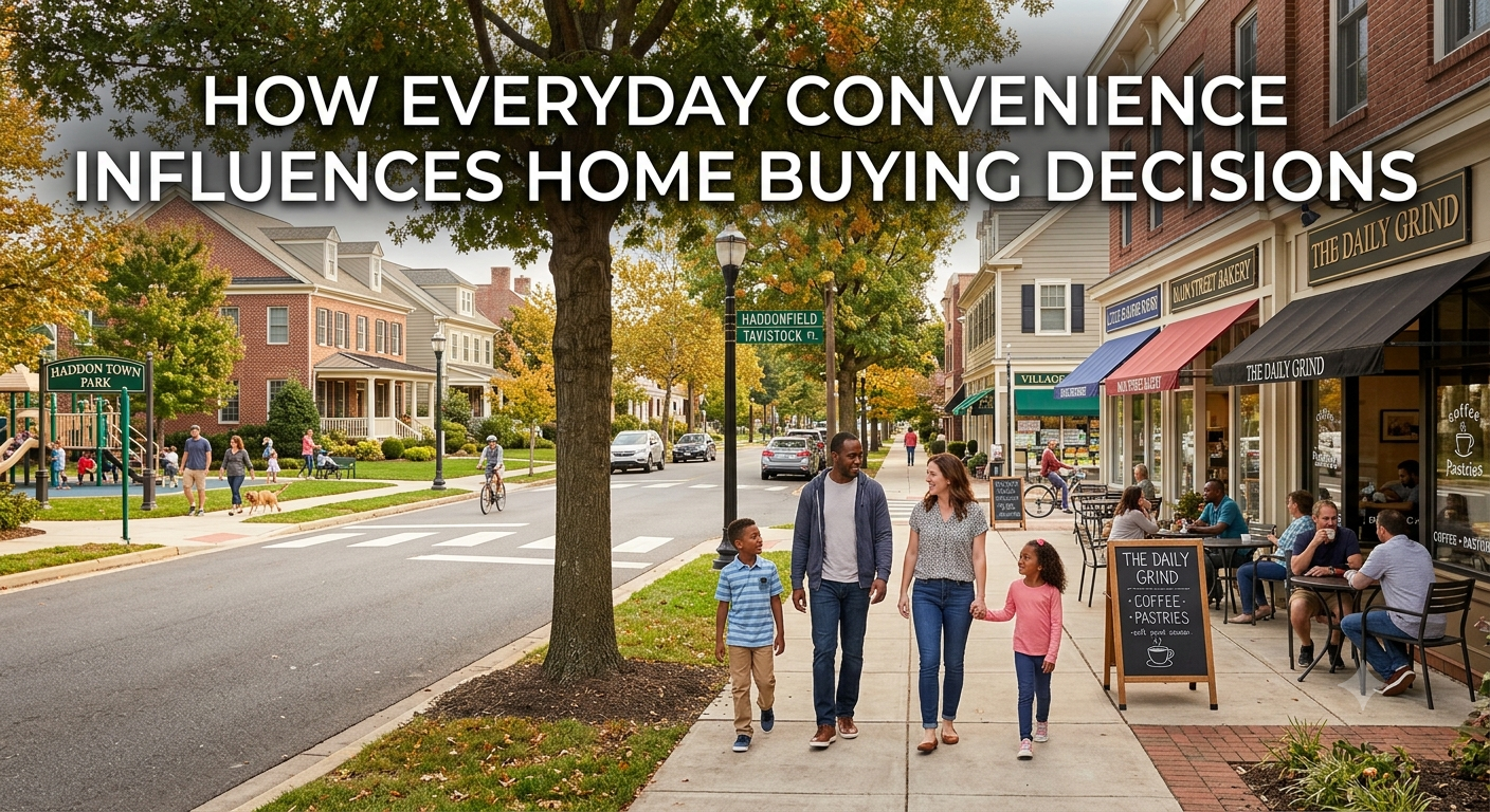  A South Jersey family walking through a vibrant neighborhood with sidewalks, nearby shops, a local park, and cafés, illustrating how everyday convenience influences home buying decisions, overlaid with the text: “How Everyday Convenience Influences Home Buying Decisions.”