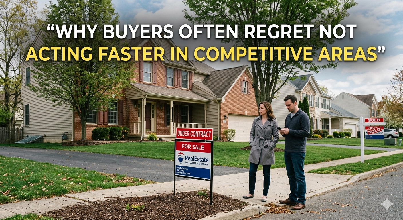 South Jersey home showing with a buyer looking at a property while another “under contract” sign appears in the background, symbolizing missed opportunities and buyer regret from waiting too long in competitive neighborhoods, overlaid with the text: “Why Buyers Often Regret Not Acting Faster in Competitive Areas” 