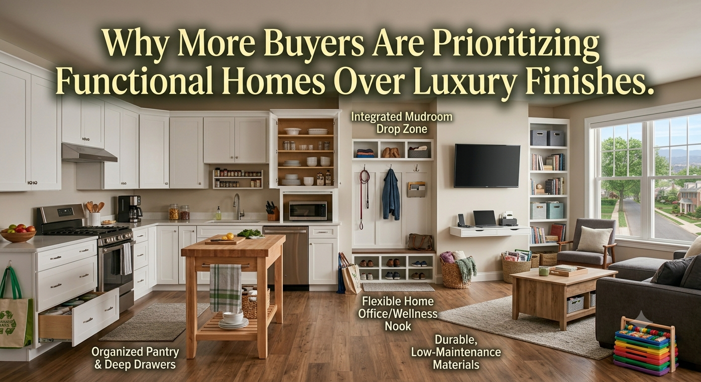 A modern South Jersey home interior featuring a functional kitchen, organized storage, flexible living spaces, and practical design elements, illustrating why buyers are prioritizing functionality over luxury finishes, overlaid with the text: “Why More Buyers Are Prioritizing Functional Homes Over Luxury Finishes.” 
