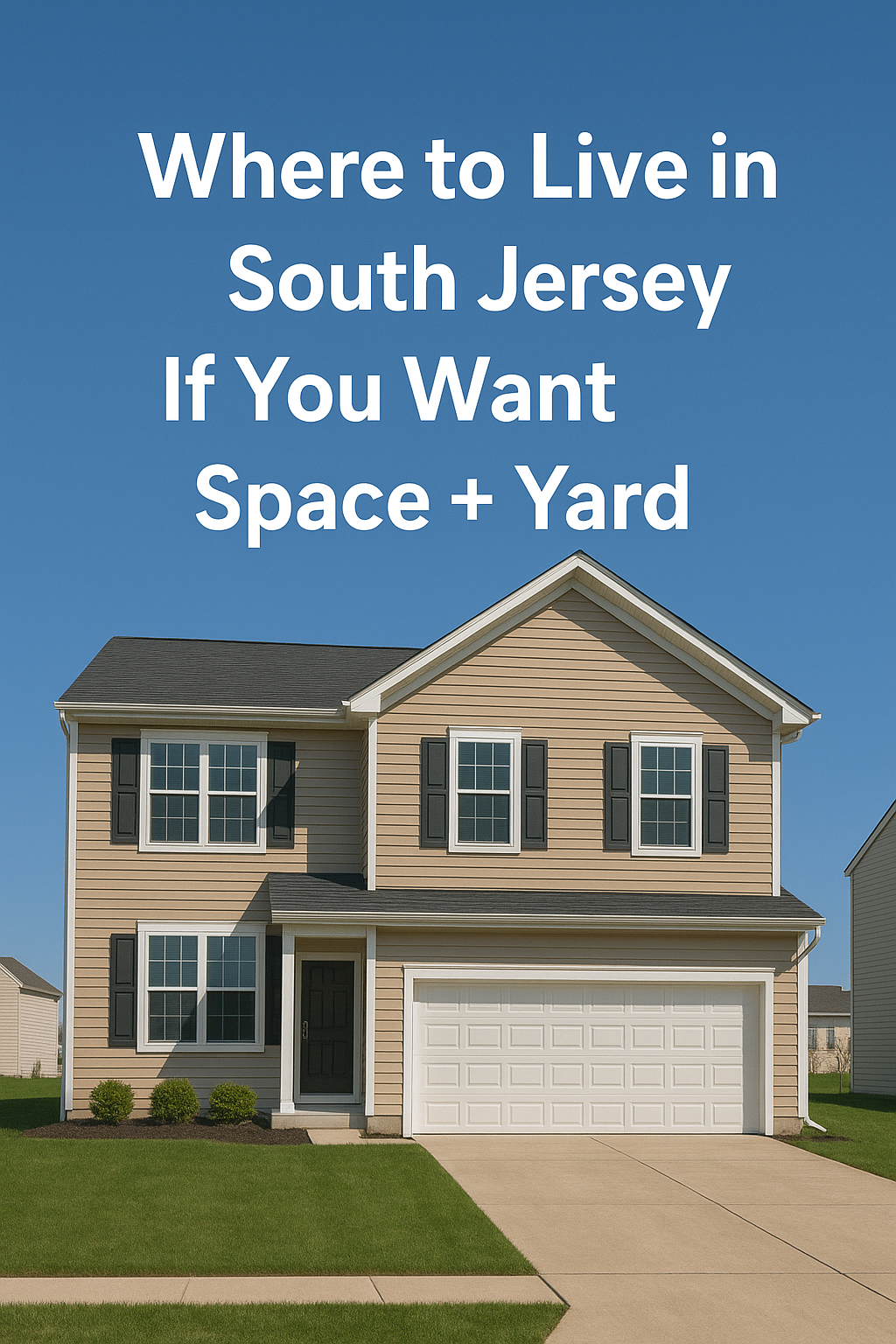 Modern two-story South Jersey suburban home with tan siding and an attached garage, set against a clear blue sky, overlaid with the text: Where to Live in South Jersey If You Want Space + Yard