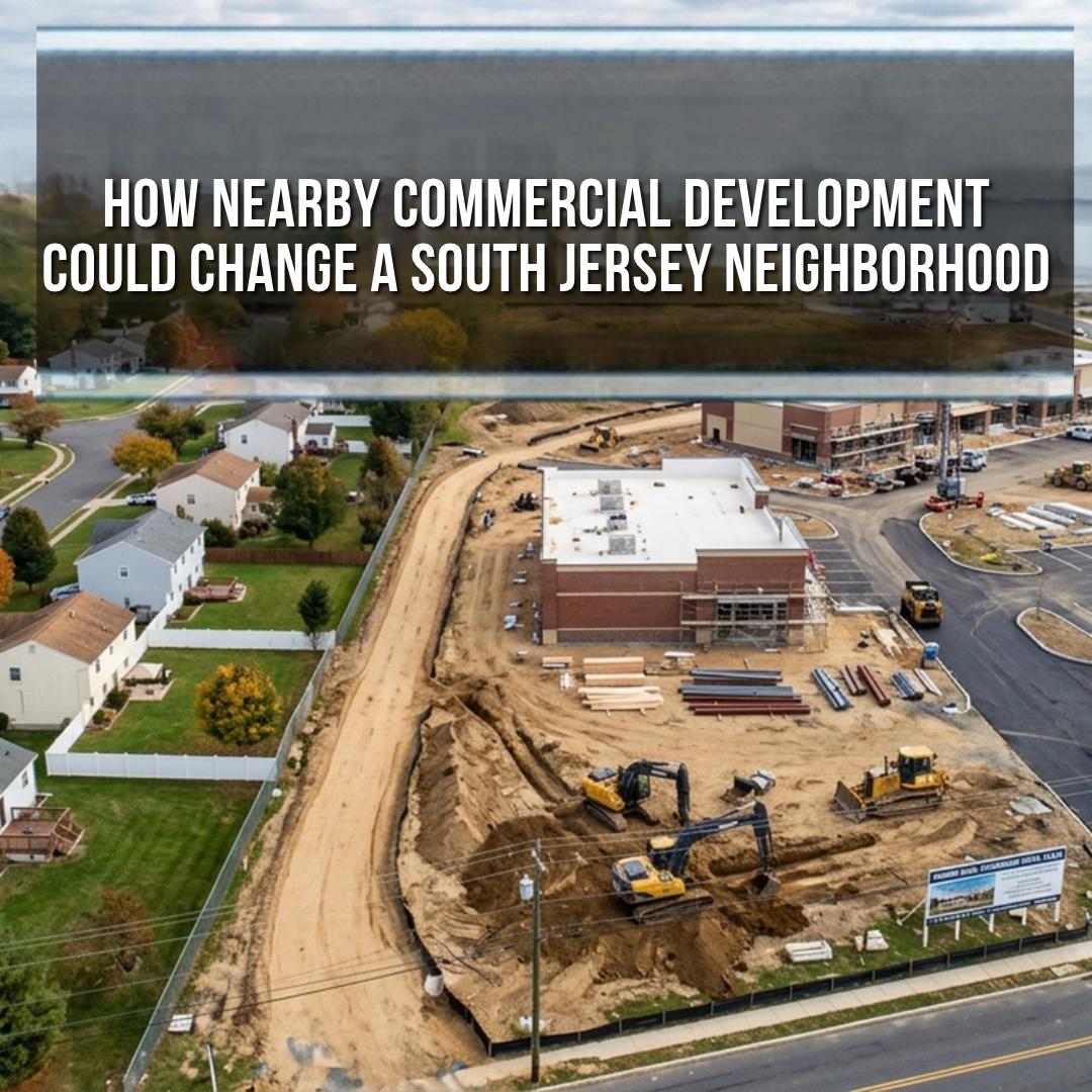 South Jersey residential neighborhood beside a new commercial development with retail buildings, construction equipment, roads, parking, and nearby homes, illustrating how commercial growth can change traffic, convenience, privacy, and neighborhood character, overlaid with the text: “How Nearby Commercial Development Could Change a South Jersey Neighborhood”
