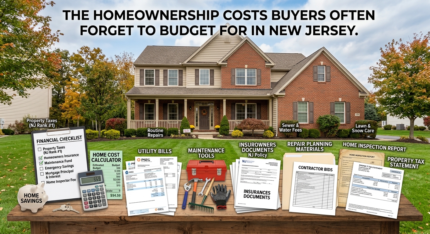 New Jersey home with a financial checklist, calculator, utility bills, maintenance tools, insurance documents, and repair planning materials displayed nearby, illustrating the hidden homeownership costs buyers often forget to budget for, overlaid with the title: “The Homeownership Costs Buyers Often Forget to Budget for in New Jersey.”