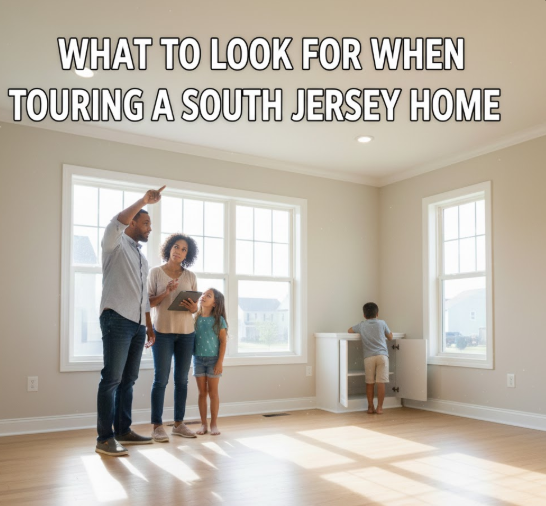 Family inspecting a South Jersey suburban home interior, set against a clear blue sky overlaid with text: “WHAT TO LOOK FOR WHEN TOURING A SOUTH JERSEY HOME”