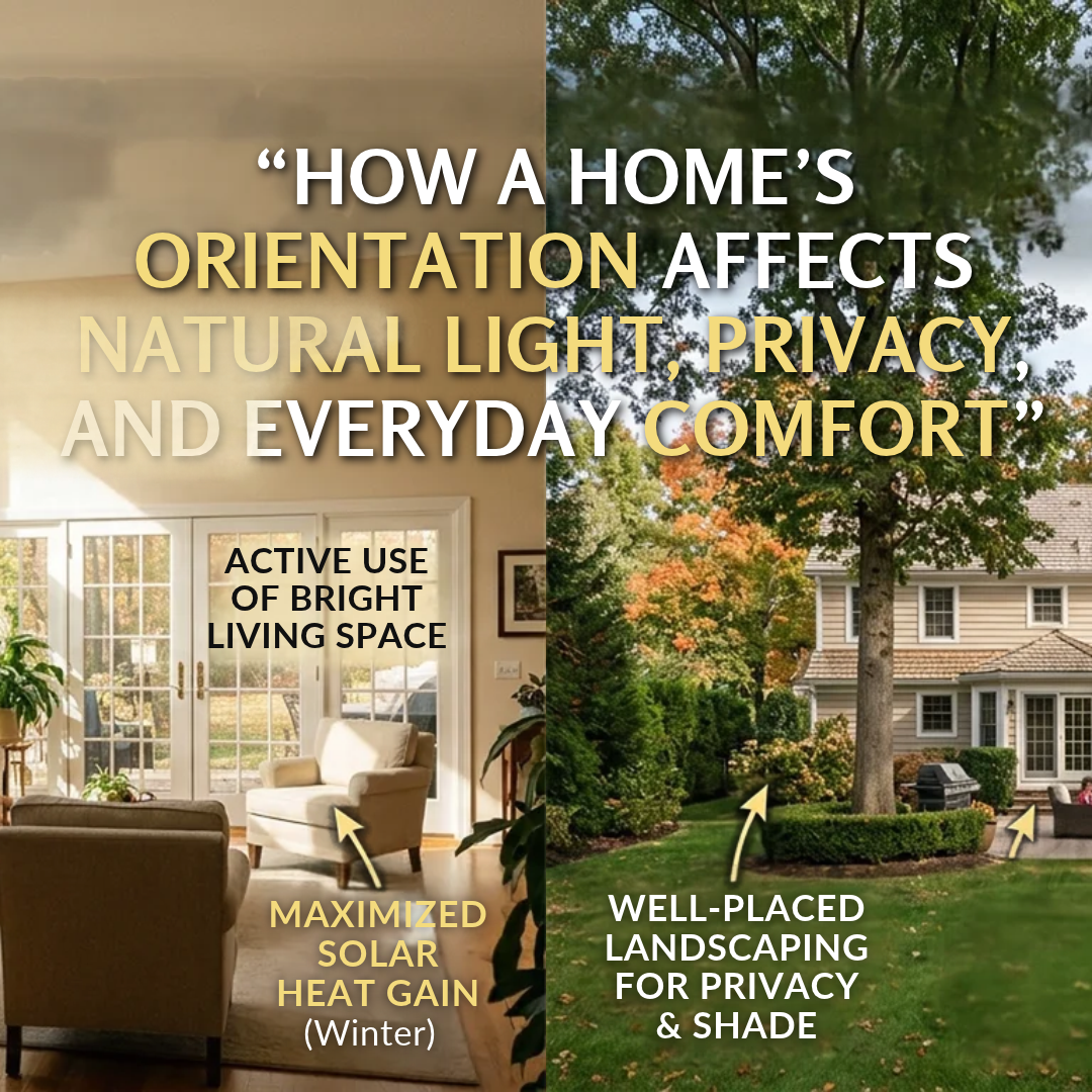 A welcoming South Jersey home with large windows, a sunlit living room, and a private landscaped backyard, illustrating how home orientation affects natural light, privacy, and everyday comfort, overlaid with the text: “How a Home’s Orientation Affects Natural Light, Privacy, and Everyday Comfort.” 