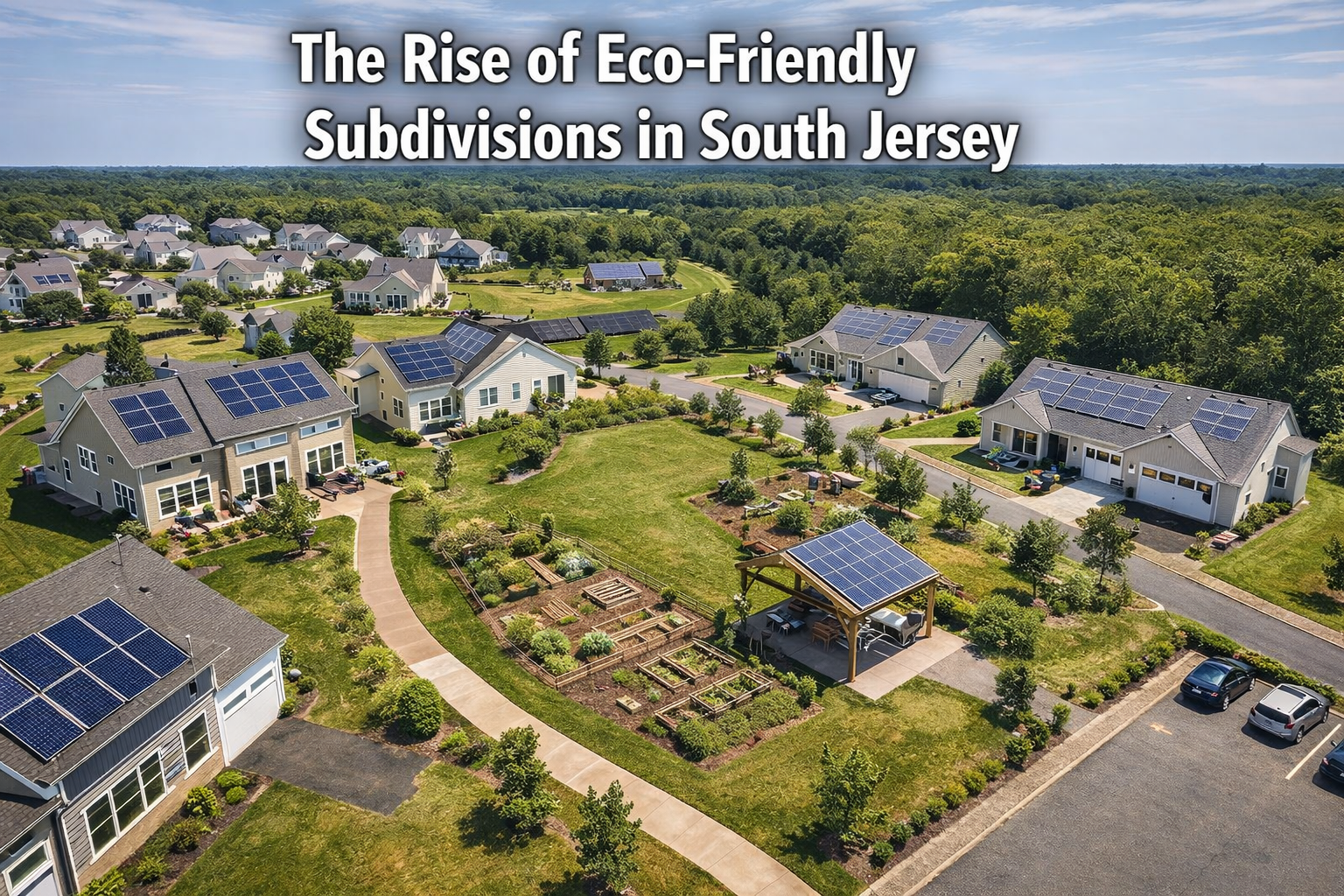 Eco-friendly subdivision in South Jersey featuring energy-efficient homes, solar panels, green spaces, and sustainable community design overlaid with text: The Rise of Eco-Friendly Subdivisions in South Jersey