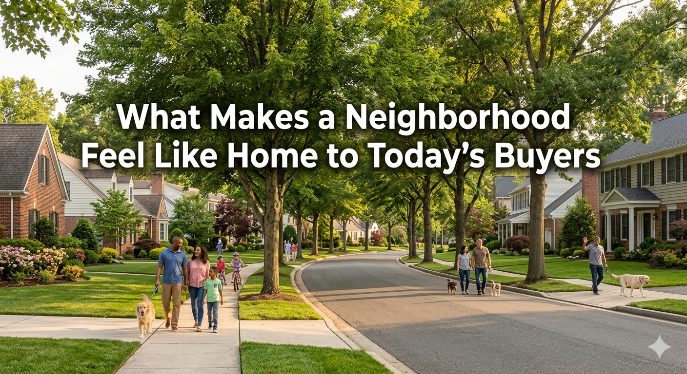 Tree-lined South Jersey suburban neighborhood with sidewalks, well-maintained homes, and families walking dogs, illustrating what makes a neighborhood feel like home to today’s buyers, overlaid with the text: “What Makes a Neighborhood Feel Like Home to Today’s Buyers”