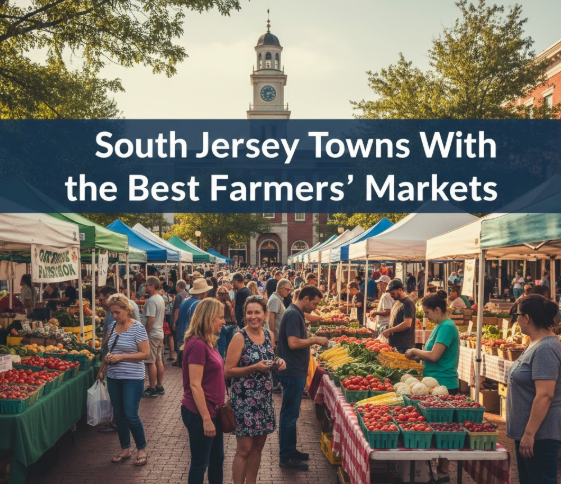 Vibrant farmers’ market in a South Jersey town square with fresh produce, local vendors, and shoppers browsing with overlaid text: South Jersey Towns With the Best Farmers’ Markets