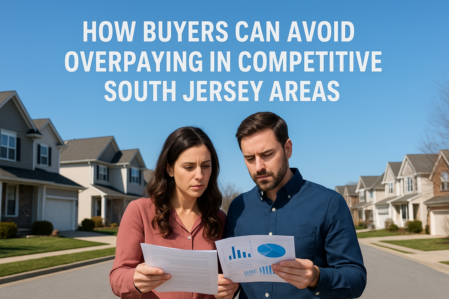 South Jersey neighborhood with buyers reviewing paperwork and market data,set against a clear blue sky, overlaid with the text: “HOW BUYERS CAN AVOID OVERPAYING IN COMPETITIVE SOUTH JERSEY AREAS”