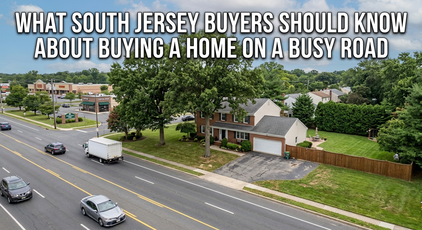 South Jersey home positioned along a busy roadway with passing cars and trucks, showing a private backyard, mature landscaping, driveway access, and nearby neighborhood amenities, illustrating the traffic, noise, privacy, convenience, and resale considerations buyers should evaluate, overlaid with the title: “What South Jersey Buyers Should Know About Buying a Home on a Busy Road.” 