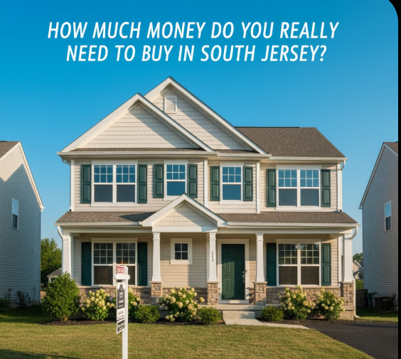 Suburban South Jersey single-family home with for-sale sign, lawn, and blue sky, overlaid with text: “HOW MUCH MONEY DO YOU REALLY NEED TO BUY IN SOUTH JERSEY?”