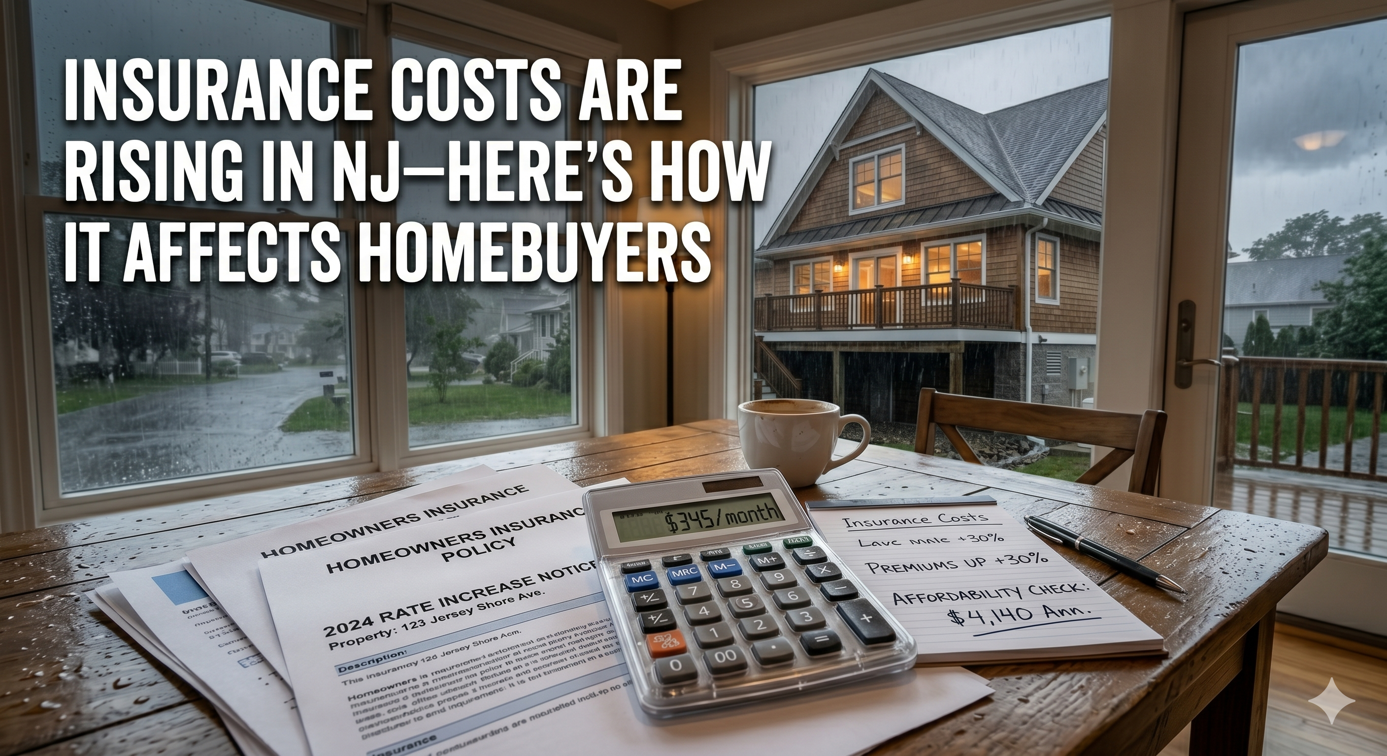 New Jersey home with insurance paperwork and calculator displayed on a table, alongside stormy weather outside, illustrating rising homeowners insurance costs and their impact on home affordability decisions, overlaid with the text: “Insurance Costs Are Rising in NJ—Here’s How It Affects Homebuy