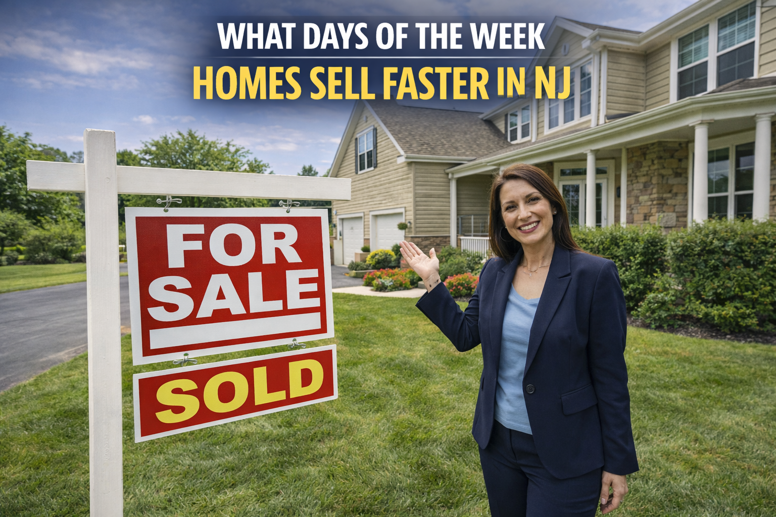 Real estate agent showing a sold sign in front of a New Jersey home on a sunny day, illustrating home sales timing advice Overlay Text: “WHAT DAYS OF THE WEEK HOMES SELL FASTER IN NJ”