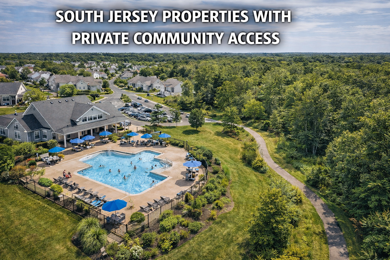 South Jersey residential community with private pool, scenic walking trails, and clubhouse amenities, showcasing lifestyle-focused living with Overlay Text: “SOUTH JERSEY PROPERTIES WITH PRIVATE COMMUNITY ACCESS”