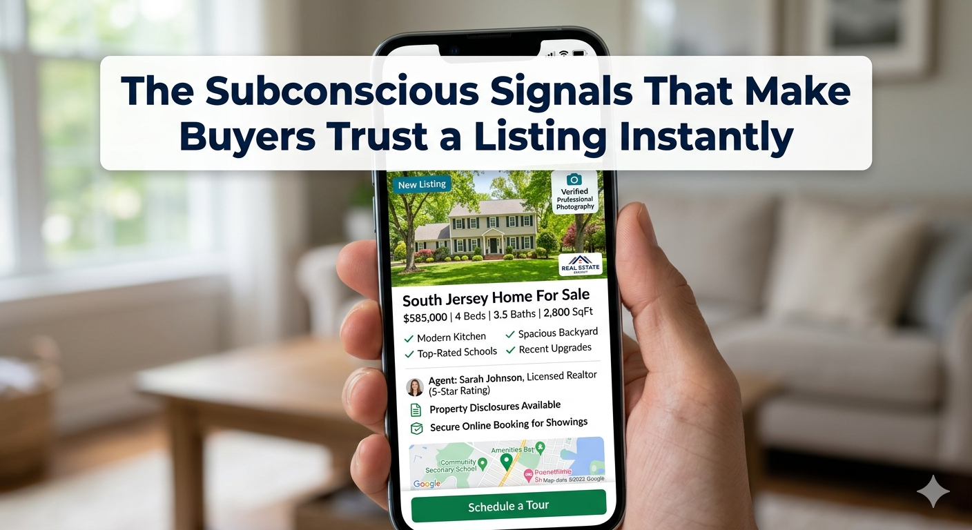  Professional South Jersey home listing displayed on a smartphone with bright photography, clean presentation, and trust indicators that inspire buyer confidence, overlaid with the text: “The Subconscious Signals That Make Buyers Trust a Listing Instantly”