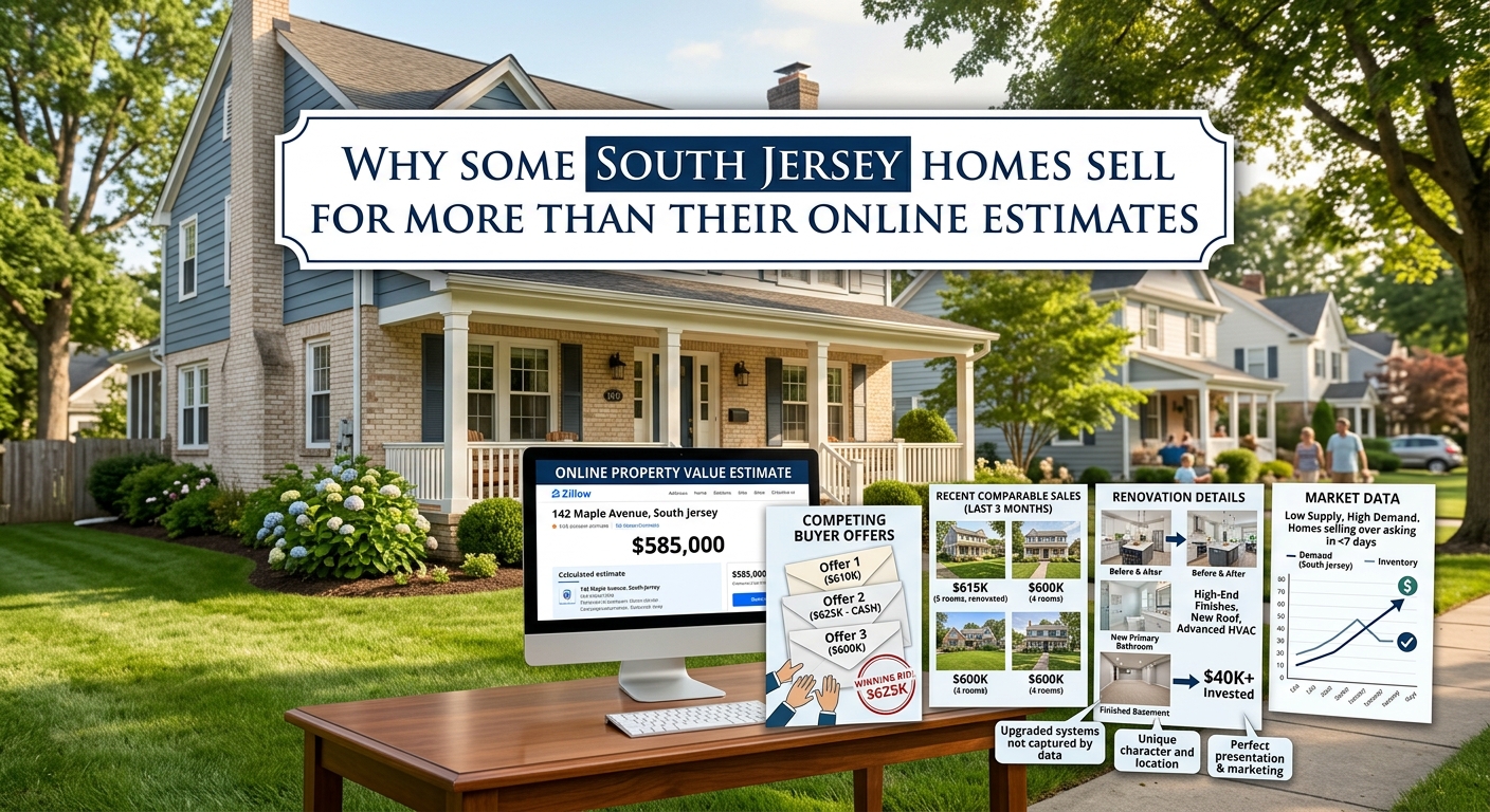 South Jersey home beside a computer displaying an online property value estimate, with competing buyer offers, recent comparable sales, renovation details, and market data illustrating why some homes sell for more than automated online estimates, overlaid with the title: “Why Some South Jersey Homes Sell for More Than Their Online Estimates.”