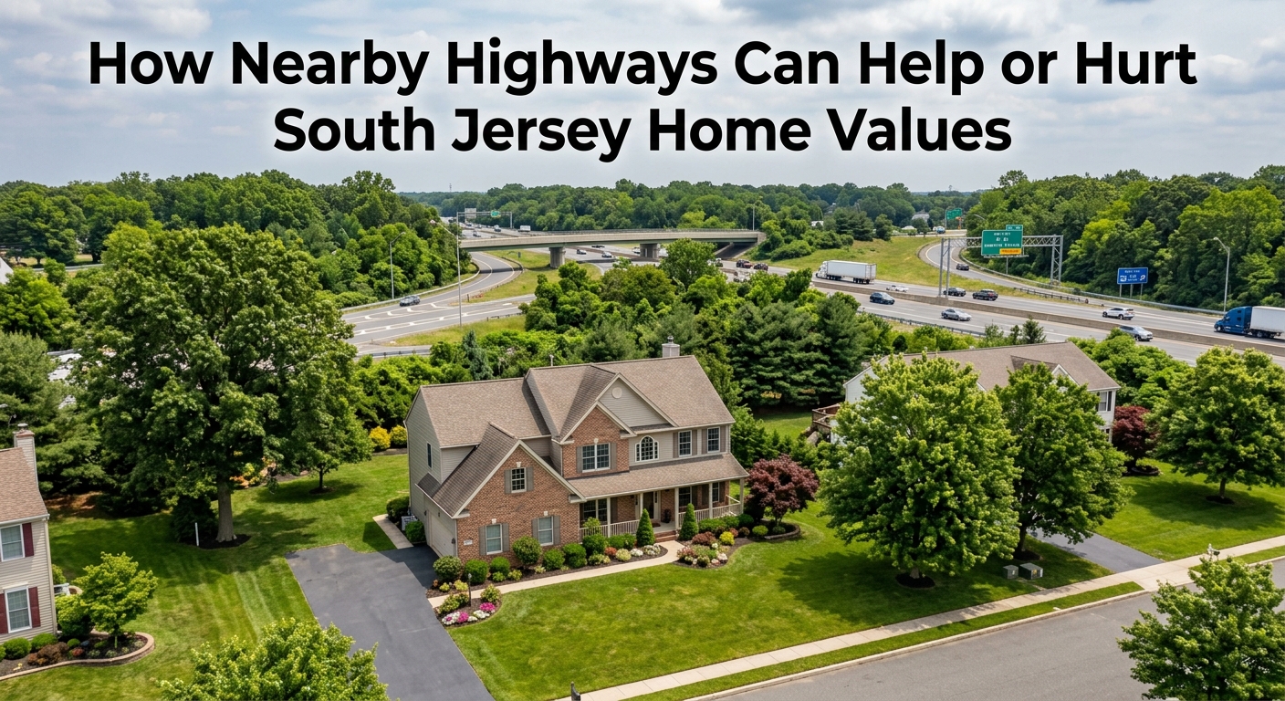 South Jersey suburban home located near major highways with nearby roadway access, commuter traffic, green landscaping, and a quiet residential neighborhood, illustrating how highway proximity can influence convenience, buyer demand, commute times, noise levels, and home values, overlaid with the title: “How Nearby Highways Can Help or Hurt South Jersey Home Values.”