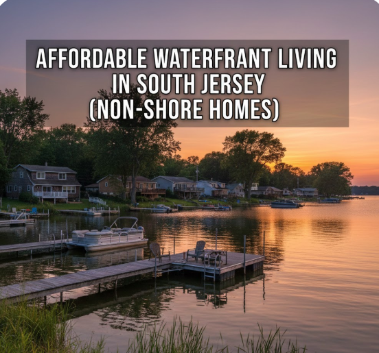 South Jersey lakeside neighborhood at sunset with modest waterfront homes and dock, overlaid with the text: “AFFORDABLE WATERFRONT LIVING IN SOUTH JERSEY (NON-SHORE HOMES)”