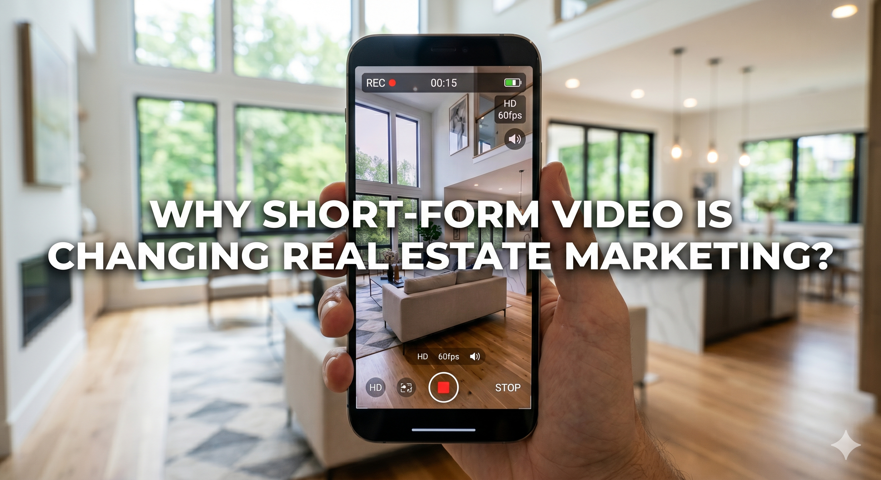 Modern New Jersey luxury home showcased through a smartphone screen recording a short-form video walkthrough, featuring bright interiors, open-concept living space, and smooth cinematic motion, overlaid with the text: “Why Short-Form Video Is Changing Real Estate Marketing”