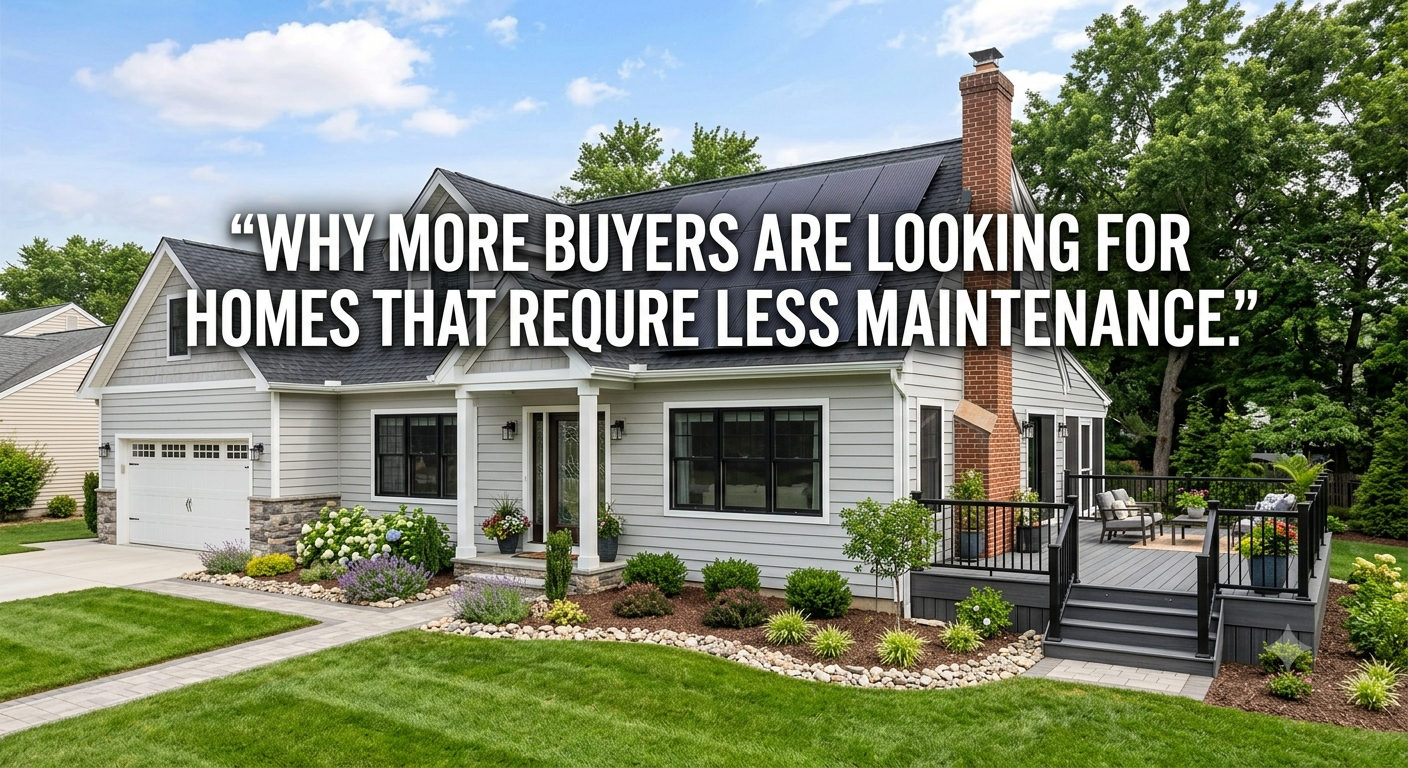A well-maintained South Jersey home with a neatly landscaped yard, durable exterior materials, a composite deck, and modern energy-efficient features, illustrating why more buyers are looking for homes that require less maintenance, overlaid with the text: “Why More Buyers Are Looking for Homes That Require Less Maintenance.”  