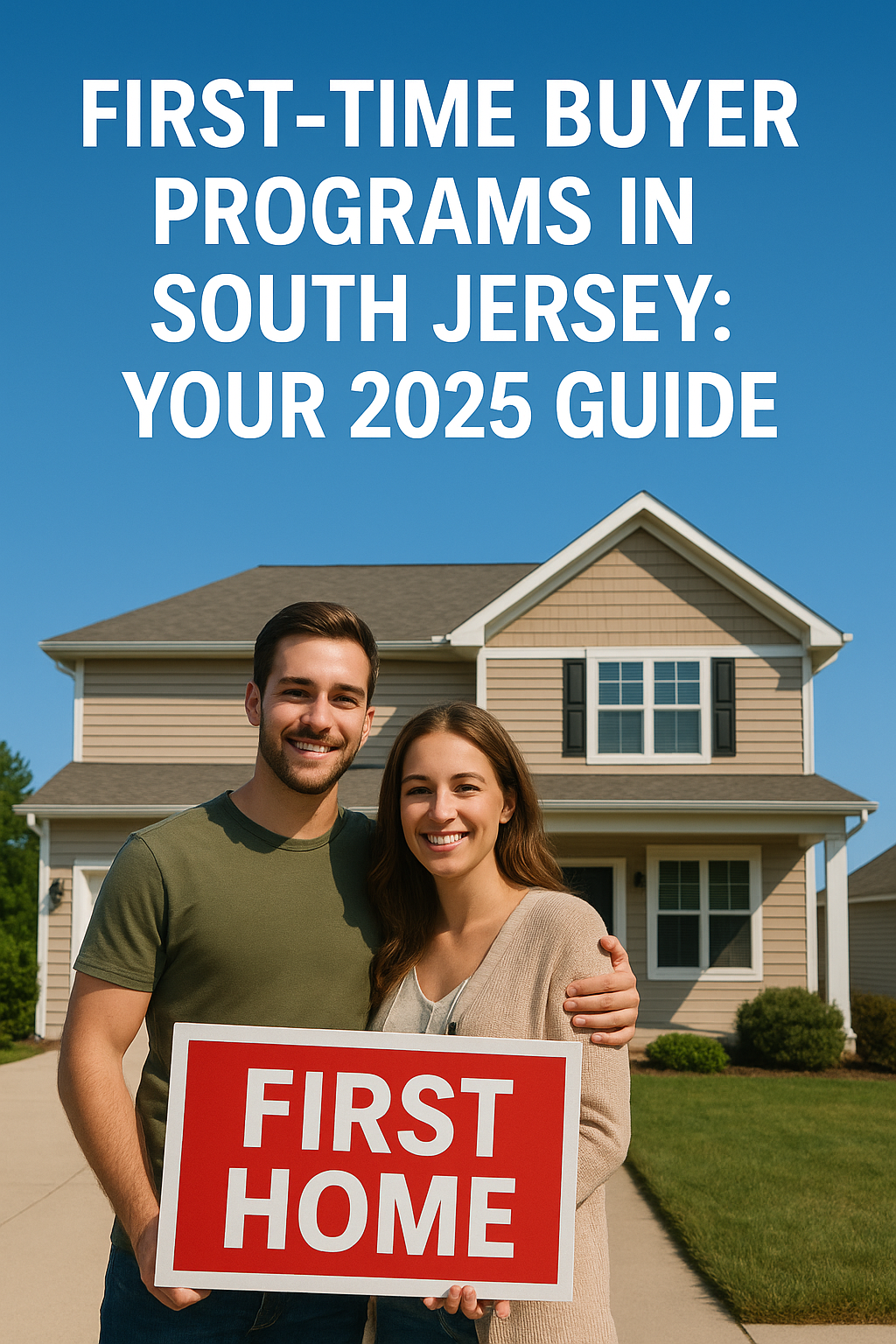  You said: Young couple stands in front of a South Jersey suburban home with a “First Home” sign, and set against a clear blue sky overlaid with the text: “FIRST‑TIME BUYER PROGRAMS IN SOUTH JERSEY: YOUR 2025 GUIDE” ChatGPT said:  Image created • First-Time Homebuyer Scene Generated image Generated image