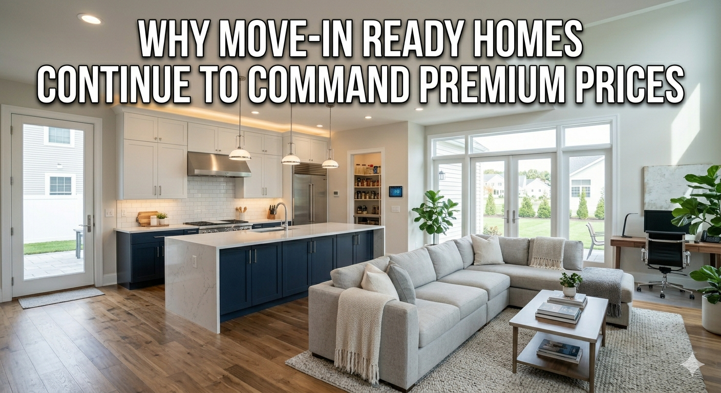Bright, fully renovated South Jersey home interior with modern kitchen, clean finishes, and staged living space illustrating why move-in ready homes command premium prices, overlaid with the text: “Why Move-In Ready Homes Continue to Command Premium Prices”