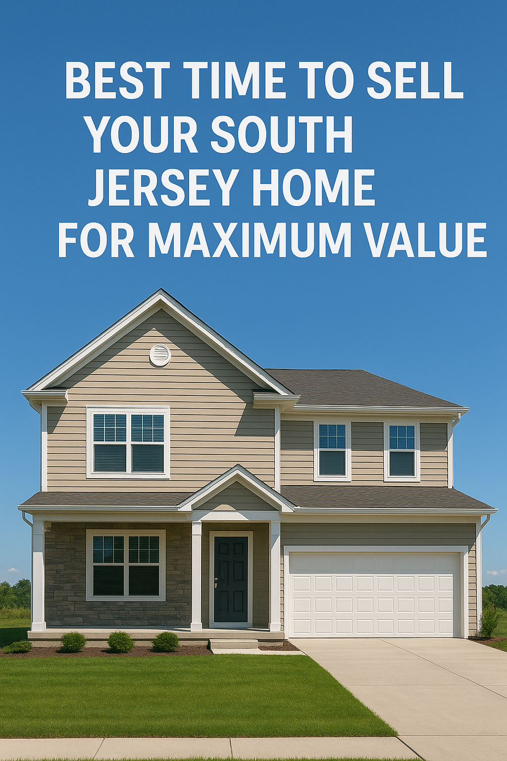 Modern two-story South Jersey suburban home with tan siding and an attached garage, set against a clear blue sky, overlaid with the text:Best Time to Sell Your South Jersey Home for Maximum Value