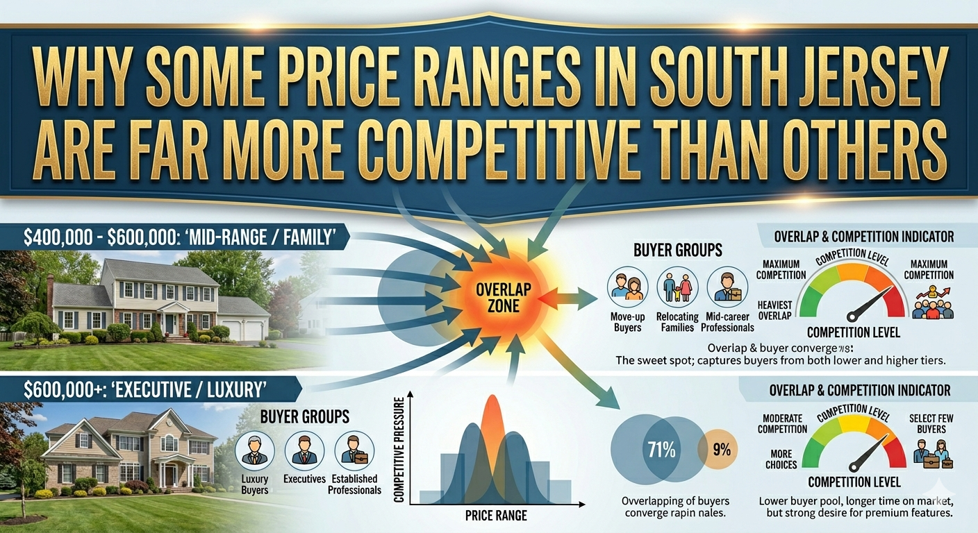 Jersey homes displayed across multiple price range tiers with overlapping buyer groups and competition indicators, illustrating how certain price brackets attract heavier bidding activity than others, overlaid with the text: “Why Some Price Ranges in South Jersey Are Far More Competitive Than Others