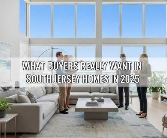 South Jersey home with buyers touring the property, set against a clear blue sky, overlaid with the text:“WHAT BUYERS REALLY WANT IN SOUTH JERSEY HOMES IN 2025”