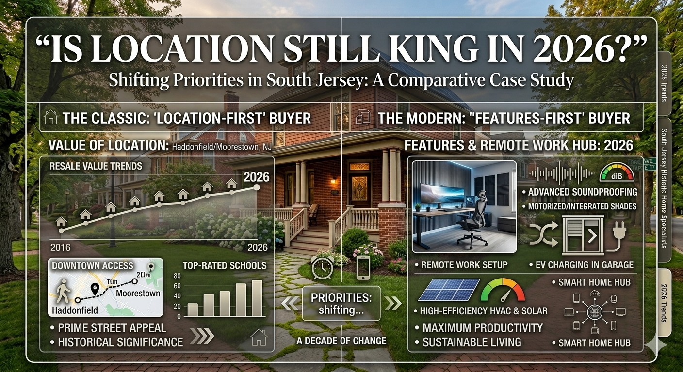  South Jersey home with split visual showing prime location vs modern home features and remote work setup with Overlay Text: “IS LOCATION STILL KING IN 2026?