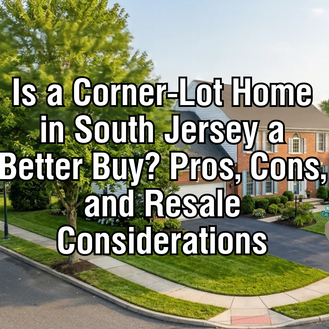 A well-maintained South Jersey corner-lot home at a residential street intersection, featuring landscaped street-facing yards, a driveway, sidewalk, and mature trees, overlaid with the exact title: “Is a Corner-Lot Home in South Jersey a Better Buy? Pros, Cons, and Resale Considerations.”