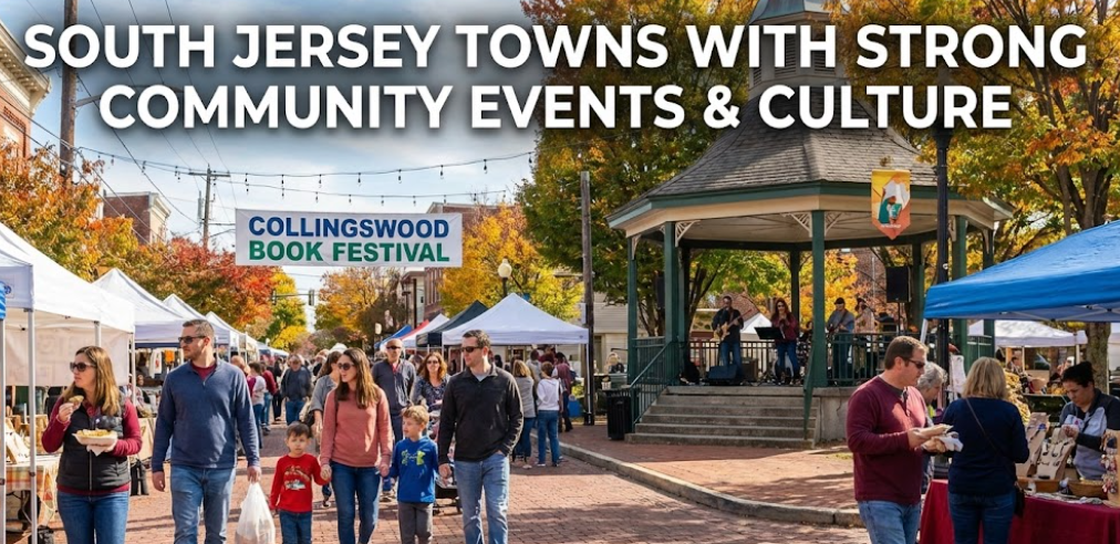South Jersey town center during a community festival with local vendors, live music, and families walking along closed streets overlaid with text: South Jersey Towns With Strong Community Events & Culture