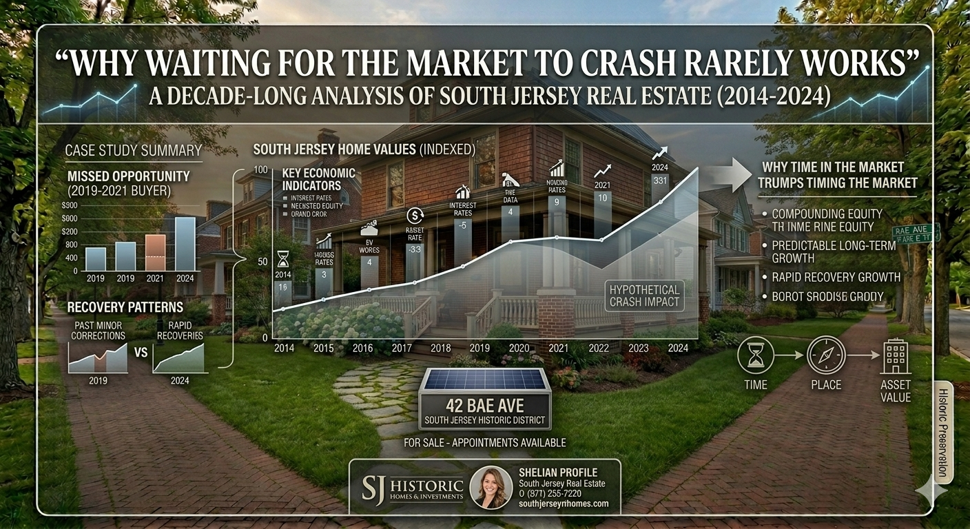 South Jersey home with a “For Sale” sign and market chart showing GRAPHS DESIGN WITH OVERLIED TITLE:  “WHY WAITING FOR THE MARKET TO CRASH RARELY WORKS”