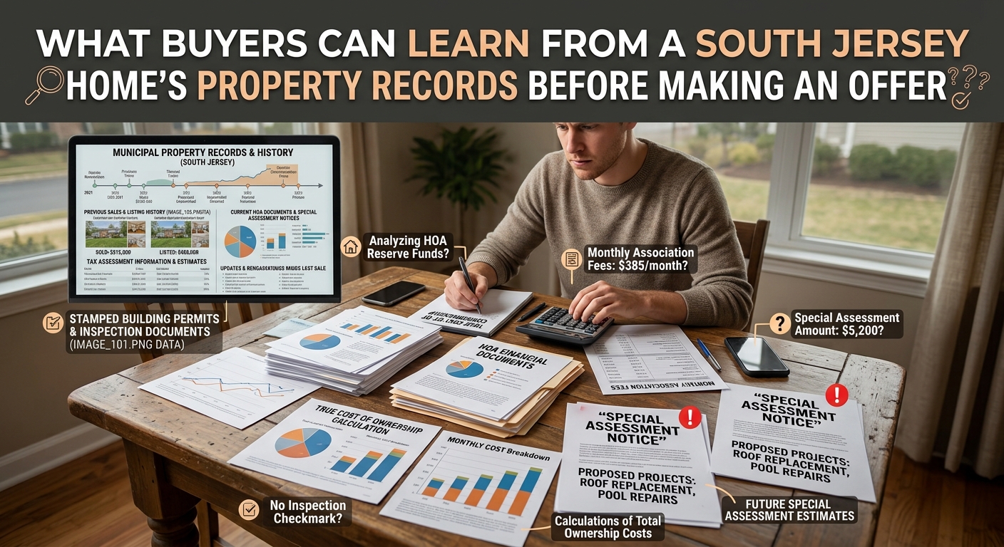 South Jersey homebuyer reviewing municipal property records, building permits, tax assessment information, and property history on a laptop before making an offer, overlaid with the text: “What Buyers Can Learn From a South Jersey Home’s Property Records Before Making an Offer” 