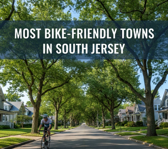 Cyclist riding a bike on a tree-lined South Jersey street set against a clear blue sky, overlaid with the text: MOST BIKE-FRIENDLY TOWNS IN SOUTH JERSEY