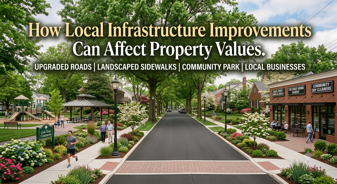 A South Jersey neighborhood featuring upgraded roads, landscaped sidewalks, a community park, and nearby local businesses, illustrating how local infrastructure improvements can affect property values, overlaid with the text: “How Local Infrastructure Improvements Can Affect Property Values. 