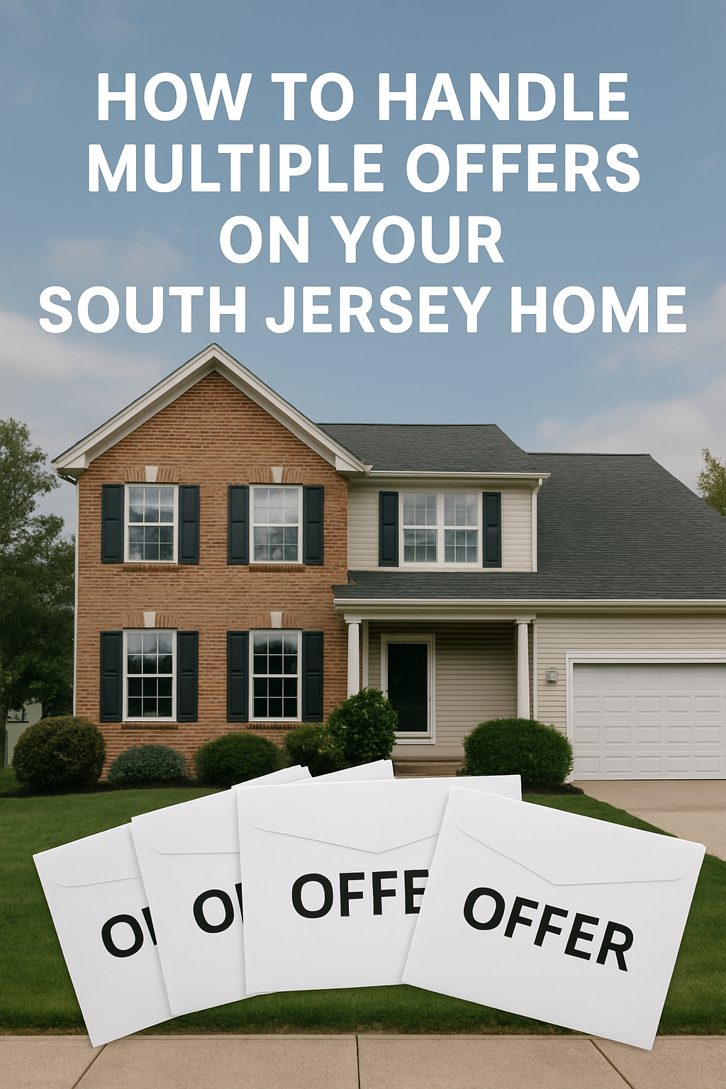South Jersey suburban home with multiple offer envelopes displayed, overlaid with text: “HOW TO HANDLE MULTIPLE OFFERS ON YOUR SOUTH JERSEY HOME”