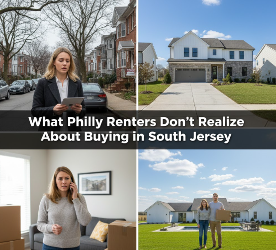 Philadelphia renter considering buying a home in South Jersey, showing suburban homes and relocation opportunity overlaid with the text: What Philly Renters Don’t Realize About Buying in South Jersey