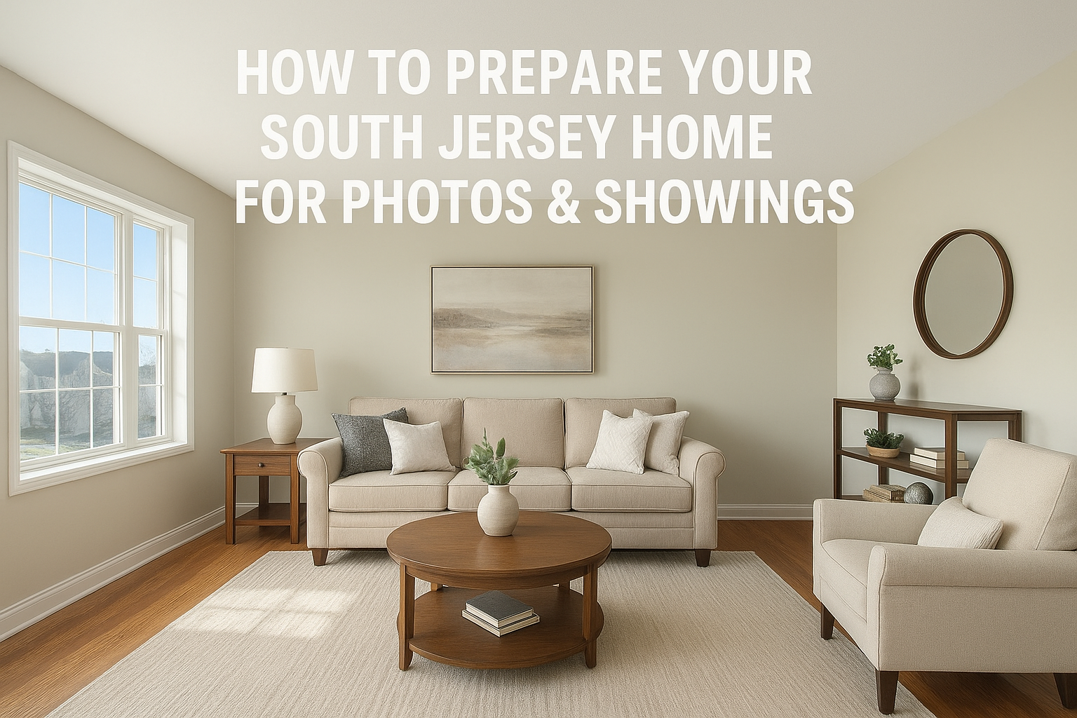Staged South Jersey home with clean living room and organized space, set against a clear blue sky, overlaid with the text: “HOW TO PREPARE YOUR SOUTH JERSEY HOME FOR PHOTOS & SHOWINGS”