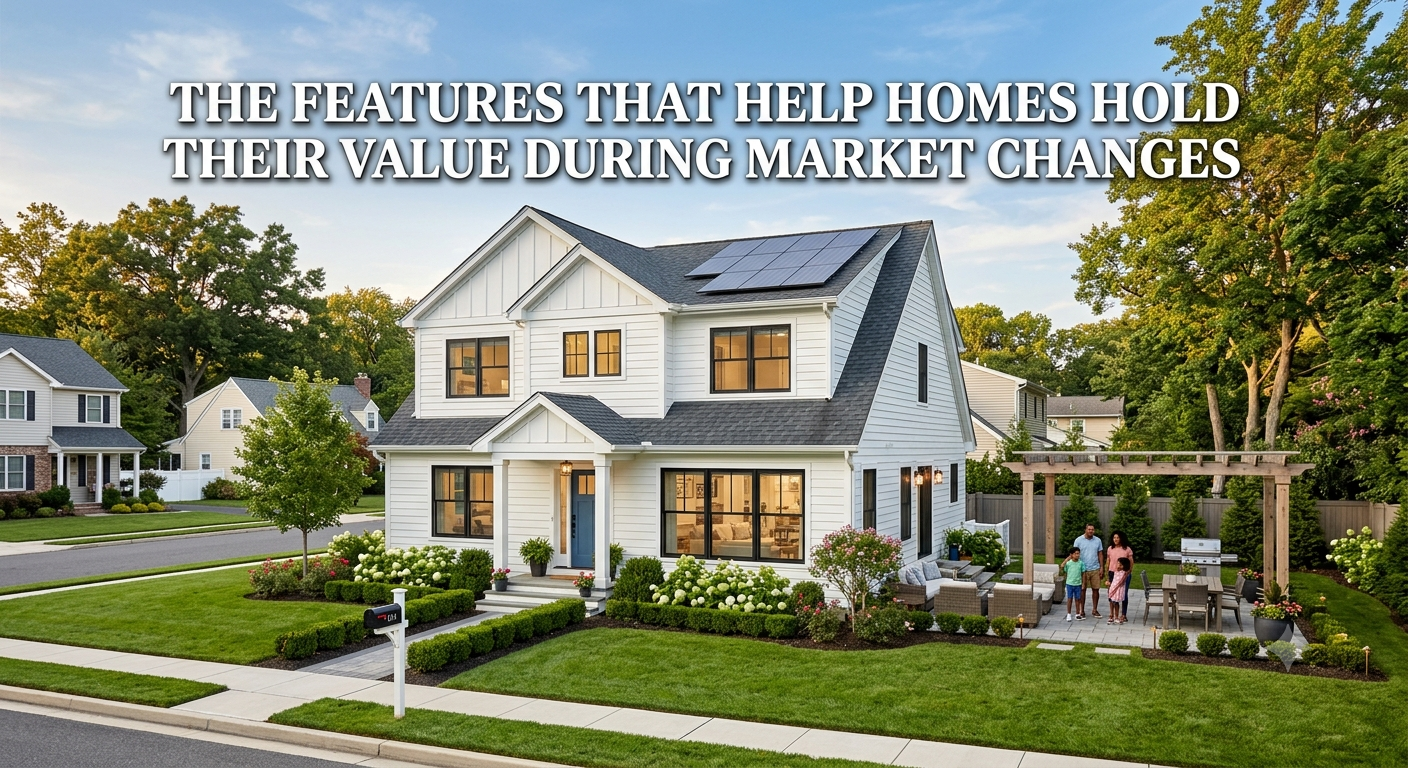 A well-maintained South Jersey home with strong curb appeal, abundant natural light, energy-efficient features, and a functional outdoor living space, illustrating the features that help homes hold their value during market changes, overlaid with the text: “The Features That Help Homes Hold Their Value During Market Changes.” 