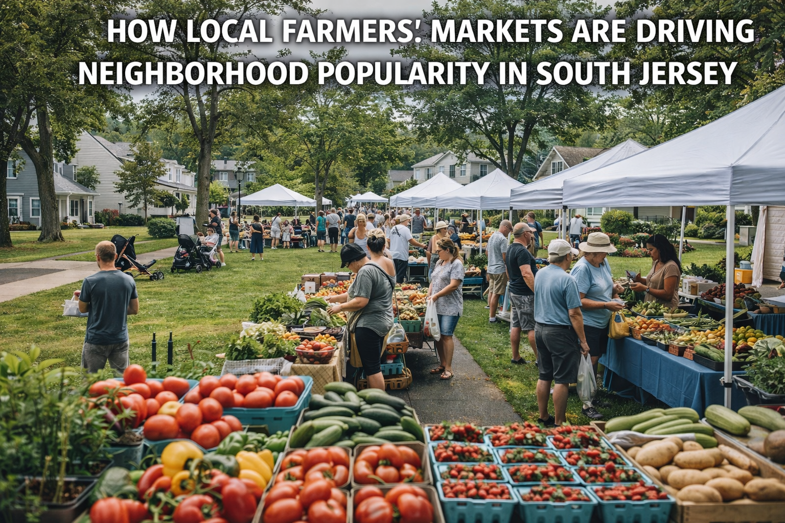 South Jersey neighborhood farmers’ market with fresh produce, local vendors, and nearby residential homes, highlighting walkable lifestyle appeal with Overlay Text: “HOW LOCAL FARMERS’ MARKETS ARE DRIVING NEIGHBORHOOD POPULARITY IN SOUTH JERSEY”