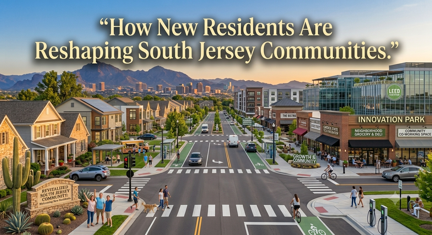 New residents walking through a vibrant South Jersey neighborhood with local shops, parks, and modern homes, illustrating how population growth is reshaping communities and influencing the local real estate market, overlaid with the text: “How New Residents Are Reshaping South Jersey Communities.” 