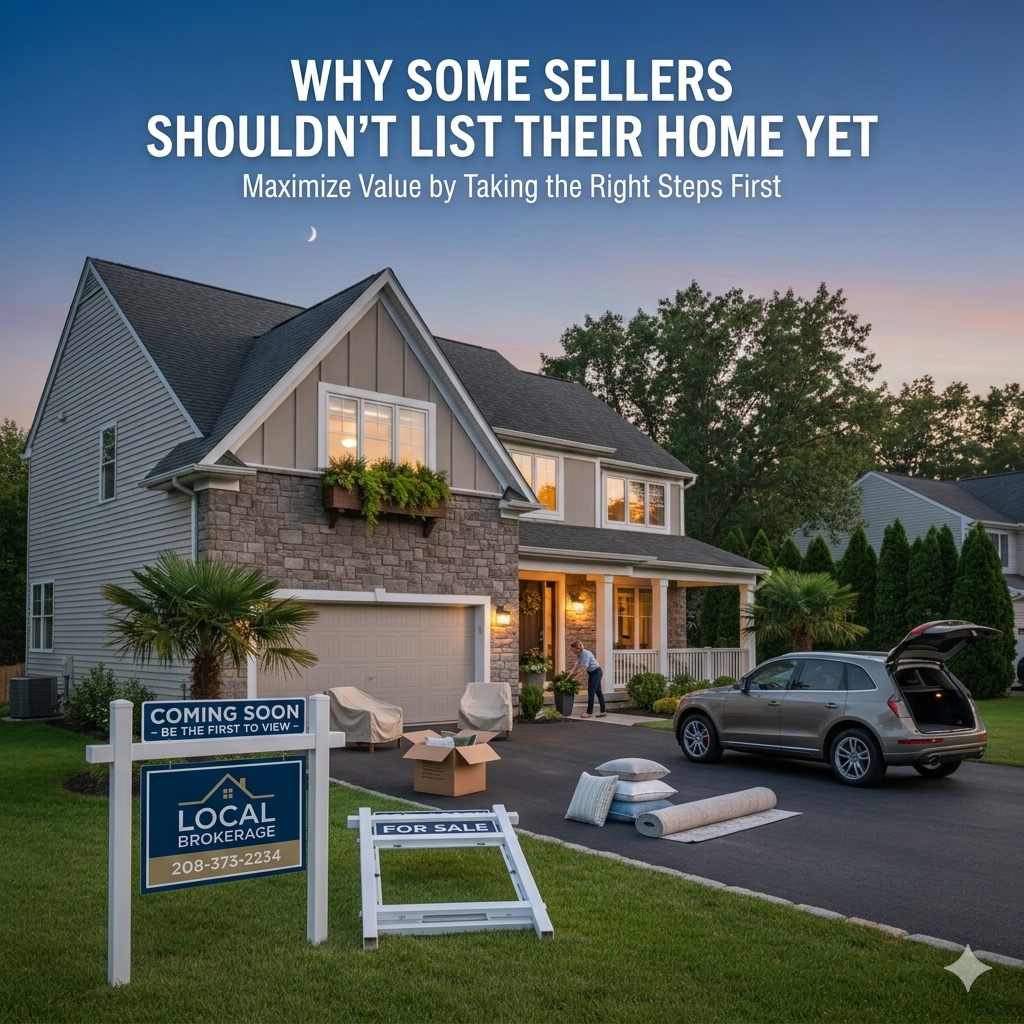 South Jersey home with coming soon sign and staging in progress, illustrating why some sellers should wait before listing with Overlay Text: “WHY SOME SELLERS SHOULDN’T LIST THEIR HOME YET”