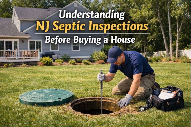 A New Jersey home with a backyard showing a septic tank access cover and an inspector performing a septic system check overlaid with text: Understanding NJ Septic Inspections Before Buying a House