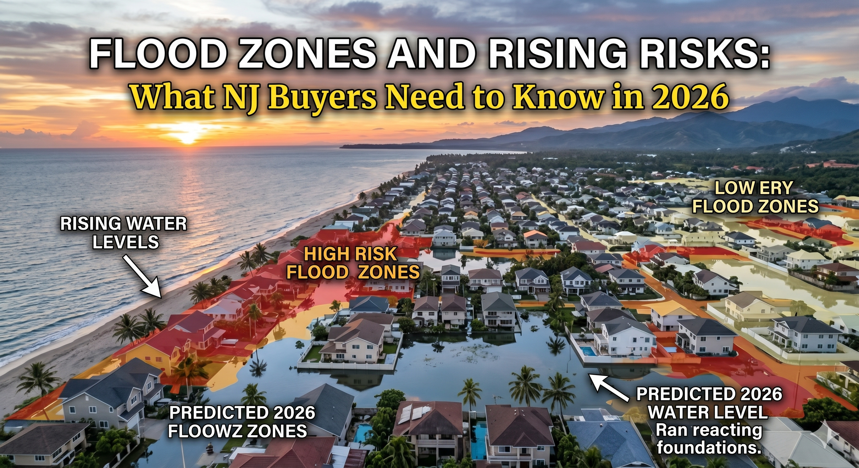 Aerial view of a New Jersey coastal neighborhood with highlighted flood zones and rising water levels, showing homes near shoreline and inland areas at risk, overlaid with the text: “Flood Zones and Rising Risks: What NJ Buyers Need to Know in 2026”