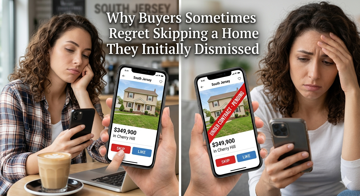  South Jersey home listing shown on a smartphone with a buyer hesitating while scrolling, followed by a later scene showing the same home marked as “under contract,” illustrating regret from skipping a property too quickly, overlaid with the text: “Why Buyers Sometimes Regret Skipping a Home They Initially Dismissed” 