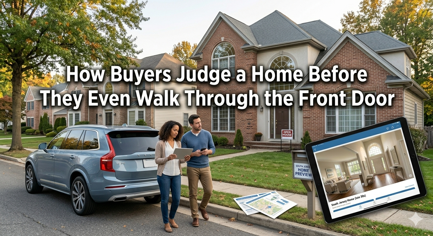 South Jersey homebuyers arriving at a suburban property and pausing at the curb while comparing expectations from online listing photos to the real home exterior, illustrating how buyers judge homes before walking through the front door, overlaid with the text: “How Buyers Judge a Home Before They Even Walk Through the Front Door 