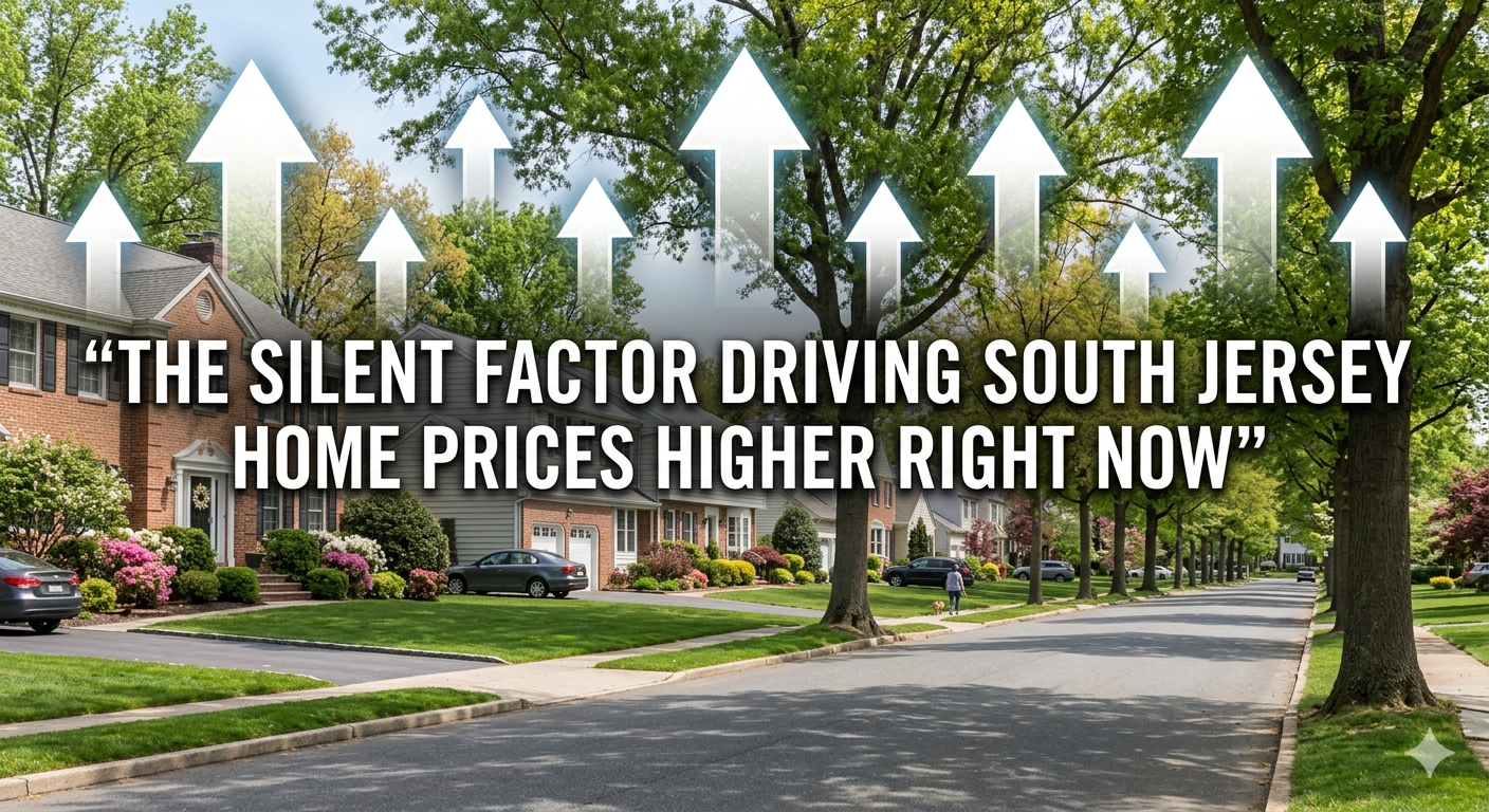 South Jersey suburban neighborhood with well-maintained homes and subtle upward price arrows overlay, representing rising home values driven by buyer confidence and market certainty, overlaid with the text: “The Silent Factor Driving South Jersey Home Prices Higher Right Now”